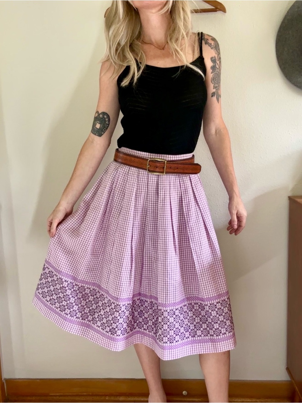 Vintage Lavender Gingham Midi Skirt Western Cowgirl Embroidered Cottagecore 26”